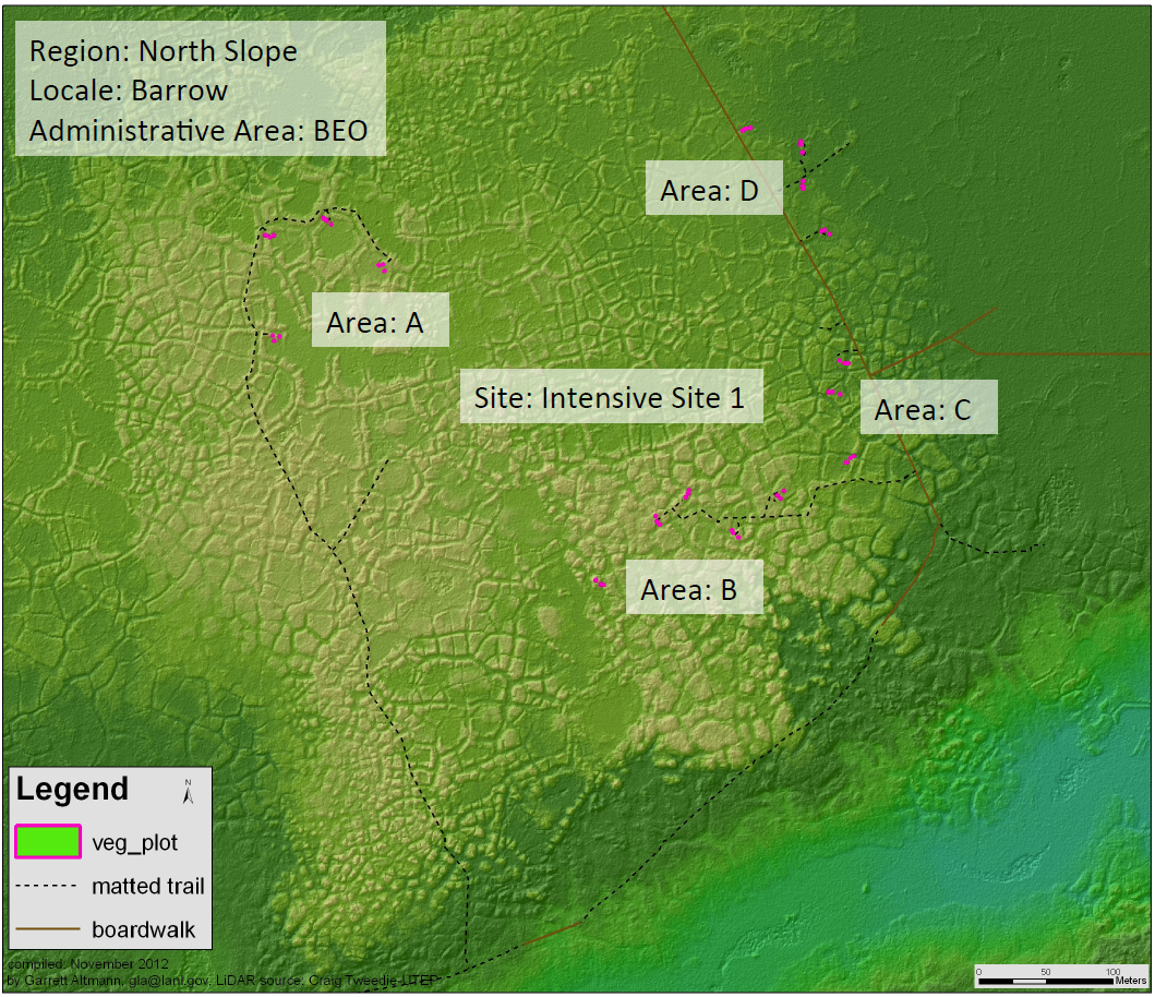 Vegetation plot locations across study Areas A, B, C, and D.